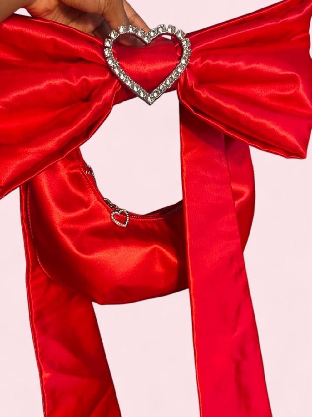 Dolly Red Satin Bow Shoulder Bag with Heart Details